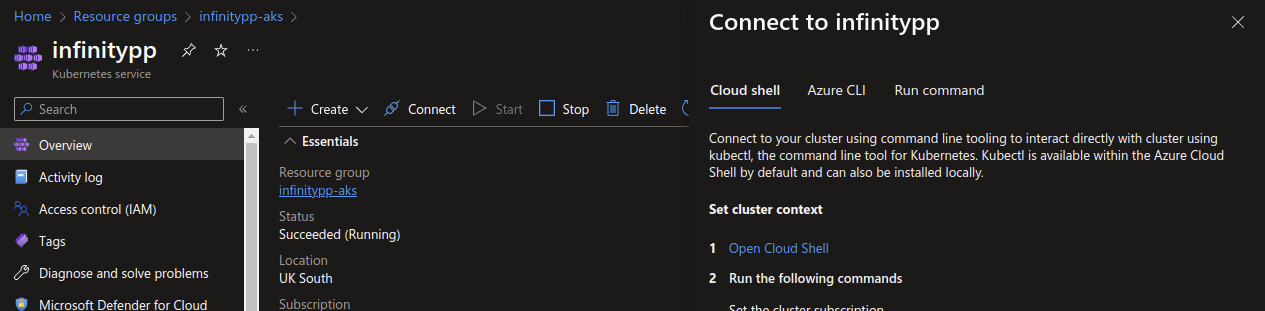 Azure Portal displaying the connection steps to the AKS cluster